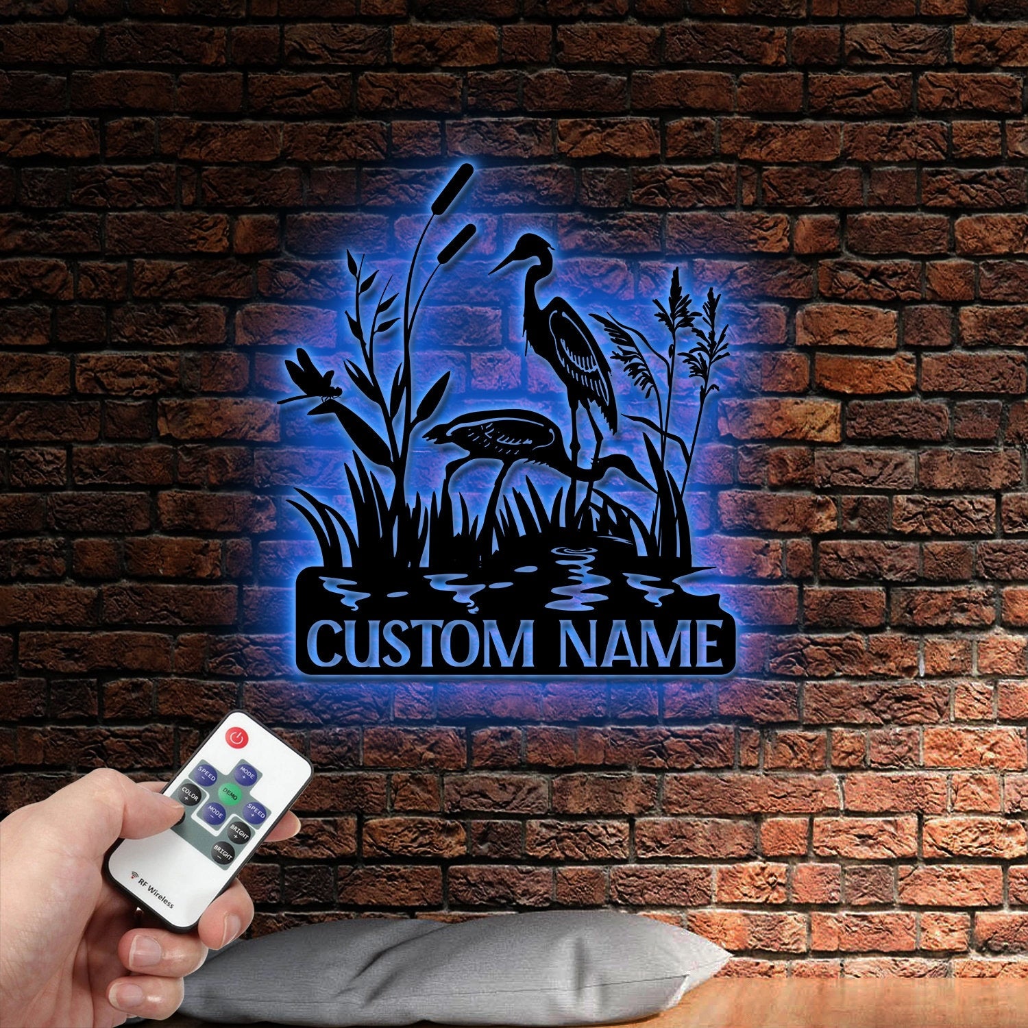 Custom Heron Monogram Metal Sign with Led Light, Heron Cattails Last Name Sign, Address Sign, Metal Wall Art, Bird Lover Gift