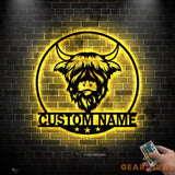 Custom Highland Cow Cuttable Metal Wall Art With Led Lights - Personalized Highland Cow Name Sign Decoration For Home