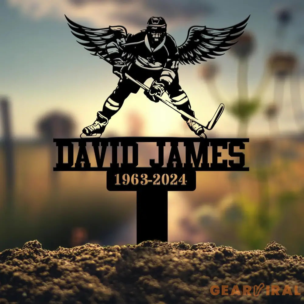 Custom Hockey Player With Wings Memorial Plaque Stake Personalized Hockey Grave Marker Remembrance Stake Garden Decor
