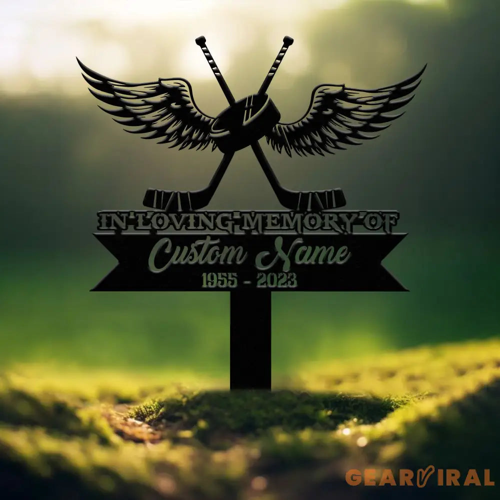 Custom Hockey with Wings Memorial Metal Stake Hockey Player Cross Grave Marker Remembrance Stake Sympathy Sign Outdoor