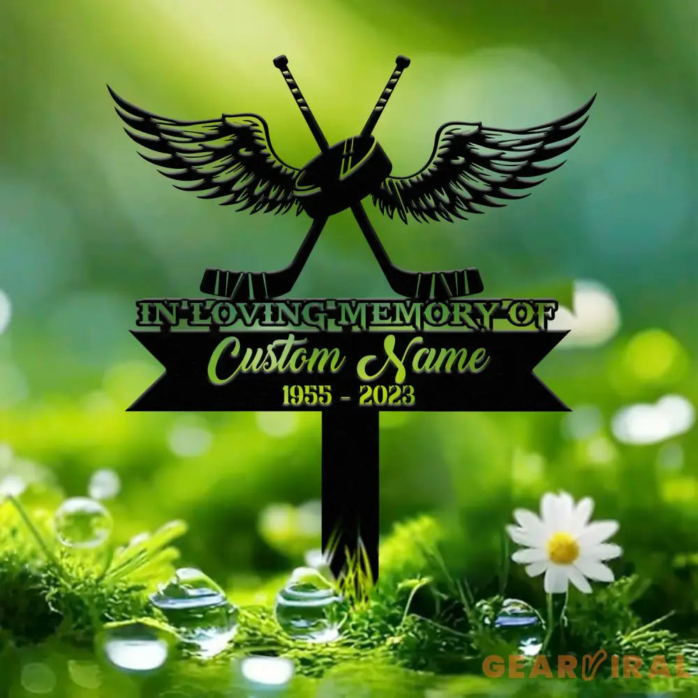 Custom Hockey with Wings Memorial Metal Stake Hockey Player Cross Grave Marker Remembrance Stake Sympathy Sign Outdoor