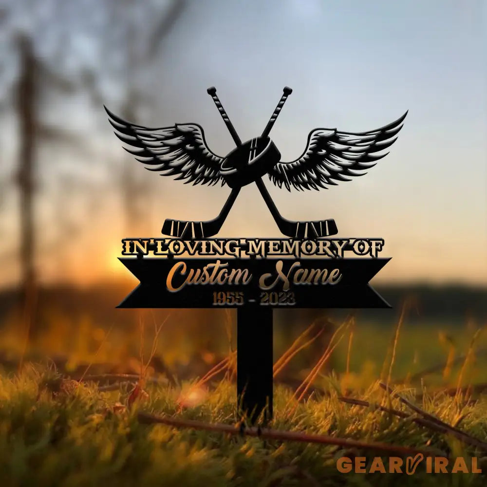 Custom Hockey with Wings Memorial Metal Stake Hockey Player Cross Grave Marker Remembrance Stake Sympathy Sign Outdoor
