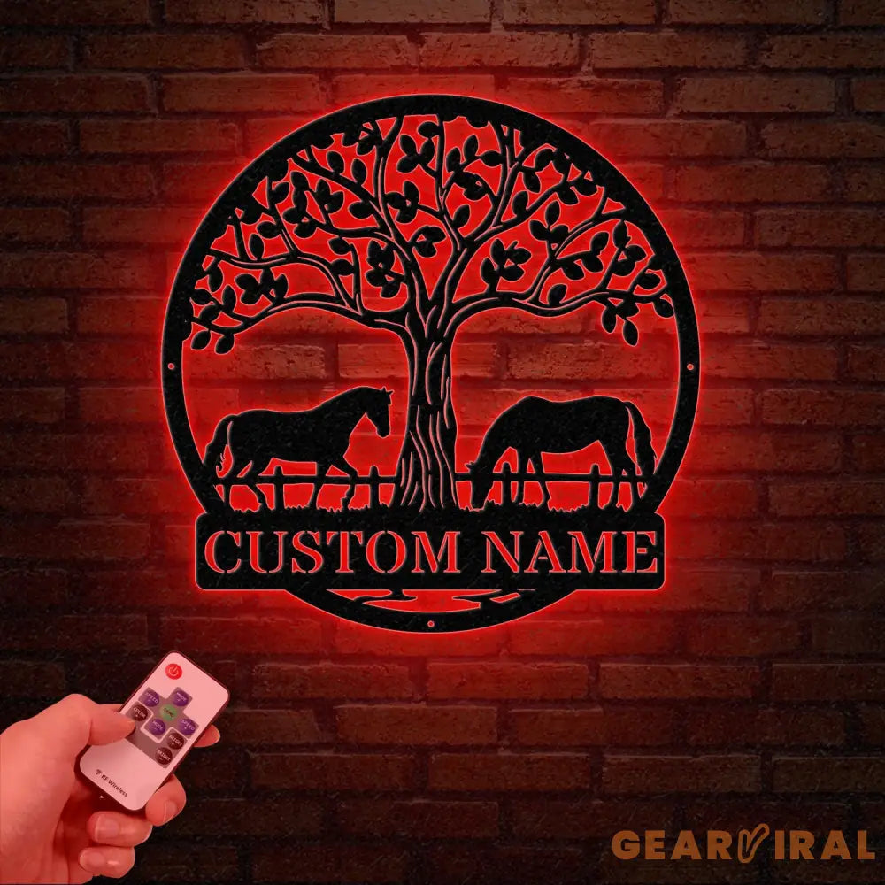 Custom Horse Farm Metal Sign with LED Lights - Personalized Horse Name Wall Art - Rustic Tree Decor for Ranch Stable or