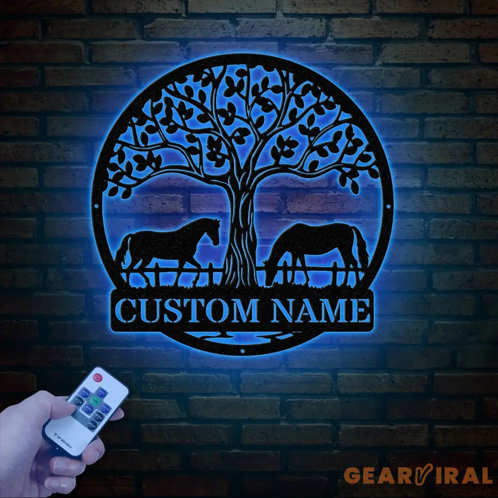 Custom Horse Farm Metal Sign with LED Lights - Personalized Horse Name Wall Art - Rustic Tree Decor for Ranch Stable or