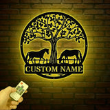 Custom Horse Farm Metal Sign with LED Lights - Personalized Horse Name Wall Art - Rustic Tree Decor for Ranch Stable or