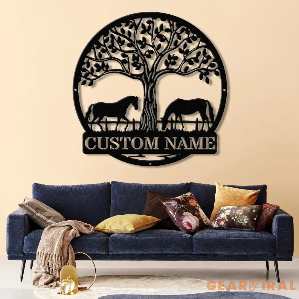 Custom Horse Farm Metal Sign with LED Lights - Personalized Horse Name Wall Art - Rustic Tree Decor for Ranch Stable or