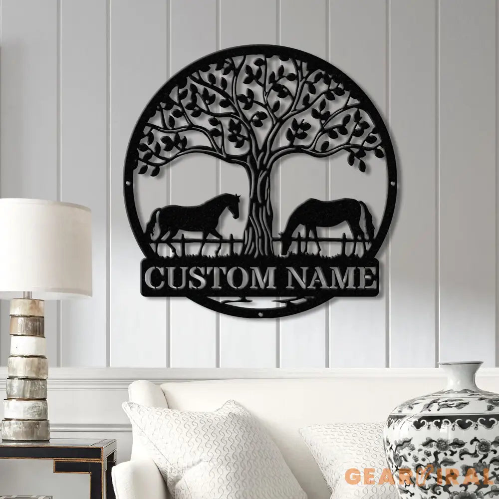 Custom Horse Farm Metal Sign with LED Lights - Personalized Horse Name Wall Art - Rustic Tree Decor for Ranch Stable or
