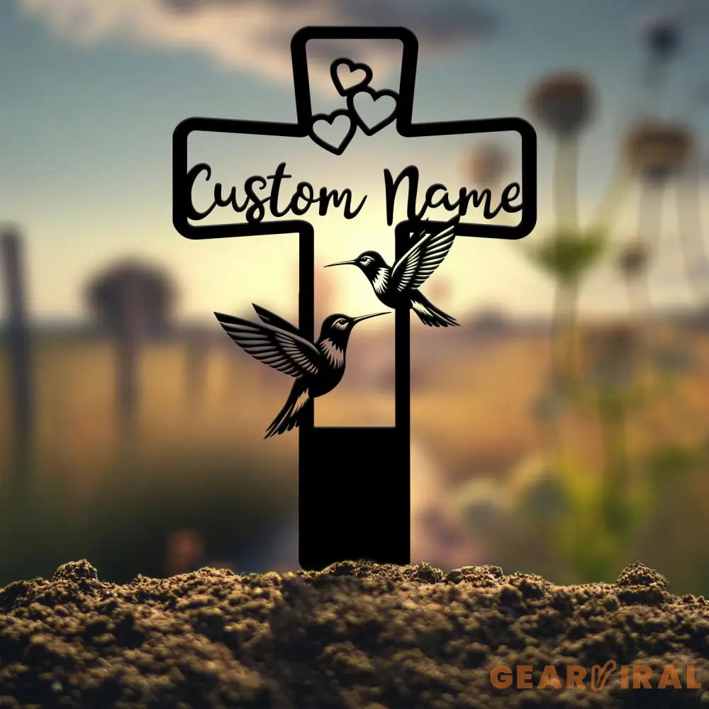 Custom Hummingbird Cross Memorial Plaque Stake Hummingbird Name Sign Grave Marker Sign Sympathy Plaque Garden Metal