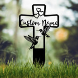 Custom Hummingbird Cross Memorial Plaque Stake Hummingbird Name Sign Grave Marker Sign Sympathy Plaque Garden Metal