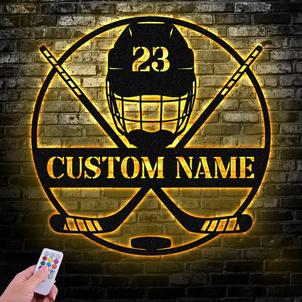 Custom Ice Hockey Metal Wall Art LED Light - Personalized Player Stick Sign Home Decor Wall Decor