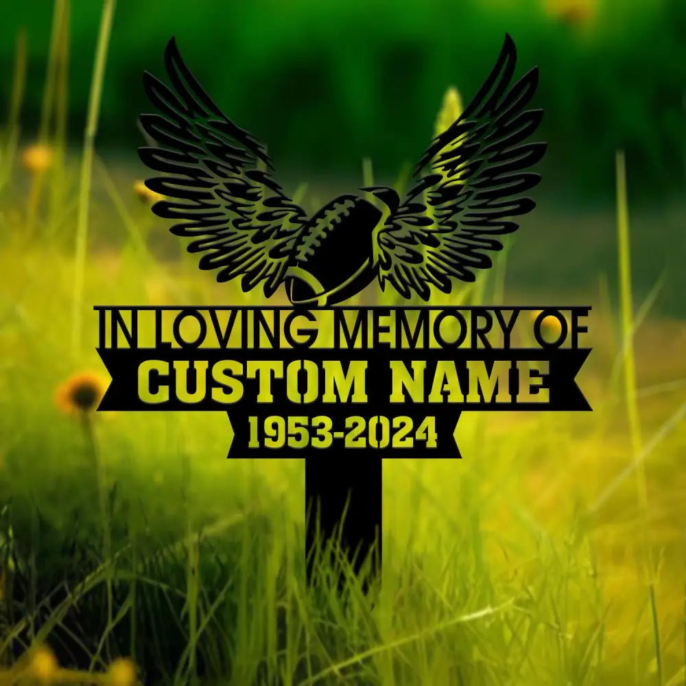 Custom In Loving Memory Football with Wings Memorial Plaque Stake Personalized Football Metal Sign Sympathy Gift