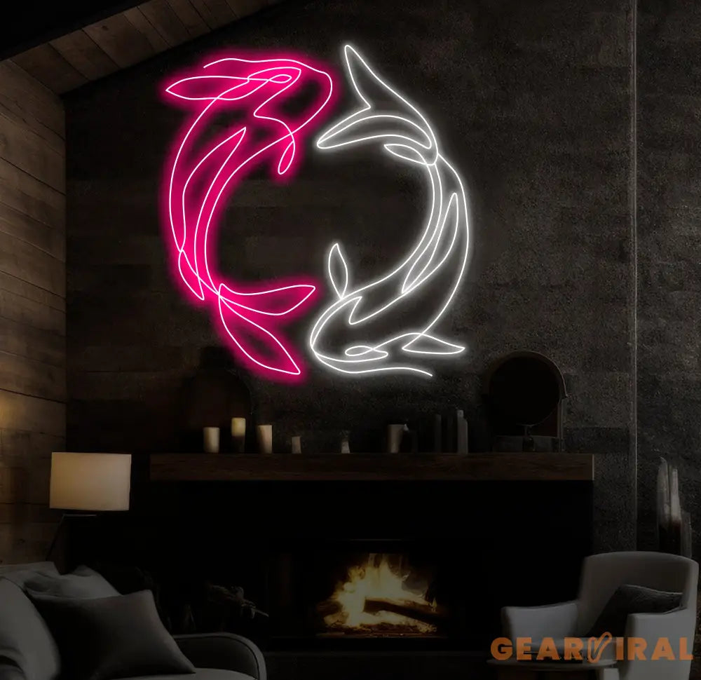 Custom Koi Fish Neon Sign – Yin Yang-Inspired Pink and White LED Wall Art for Home Office or Café Decor – Unique Zen