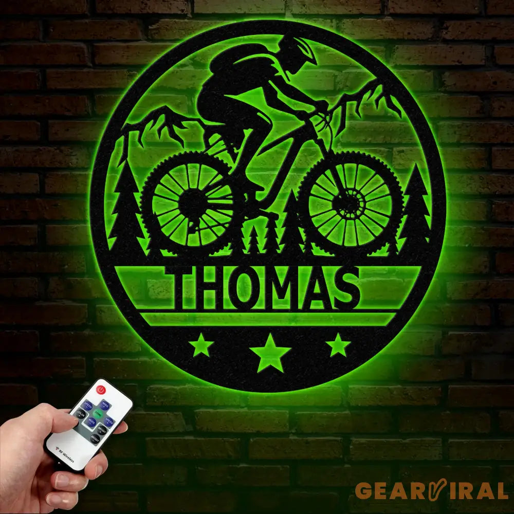 Custom LED Mountain Biker Metal Wall Art Personalized Name Sign Mountain Bike Decor for Outdoor Enthusiasts Cycling