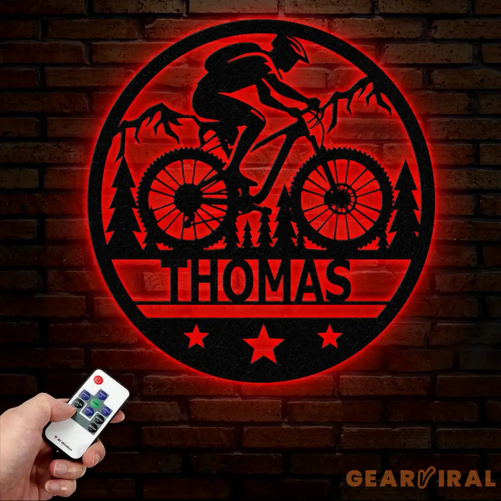 Custom LED Mountain Biker Metal Wall Art Personalized Name Sign Mountain Bike Decor for Outdoor Enthusiasts Cycling