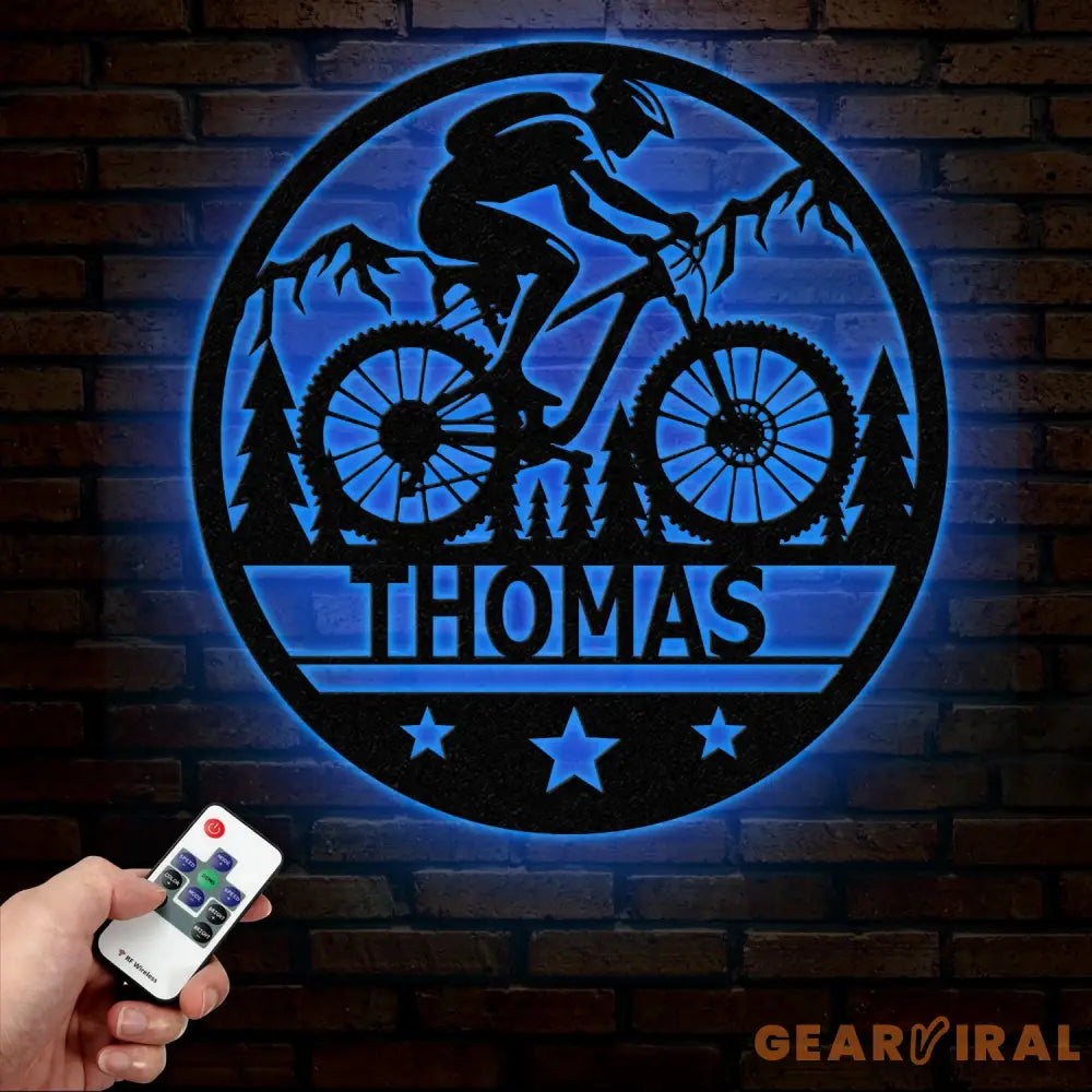 Custom LED Mountain Biker Metal Wall Art Personalized Name Sign Mountain Bike Decor for Outdoor Enthusiasts Cycling