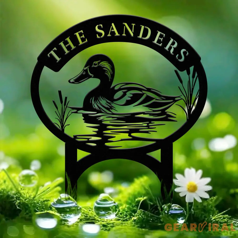 Custom Mallard Duck Metal Sign with Lake Scene Personalized Address or Lake Lot Sign Garden Stake Custom Name Sign