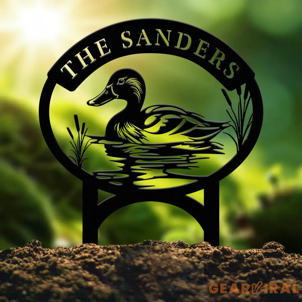 Custom Mallard Duck Metal Sign with Lake Scene Personalized Address or Lake Lot Sign Garden Stake Custom Name Sign