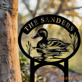 Custom Mallard Duck Metal Sign with Lake Scene Personalized Address or Lake Lot Sign Garden Stake Custom Name Sign