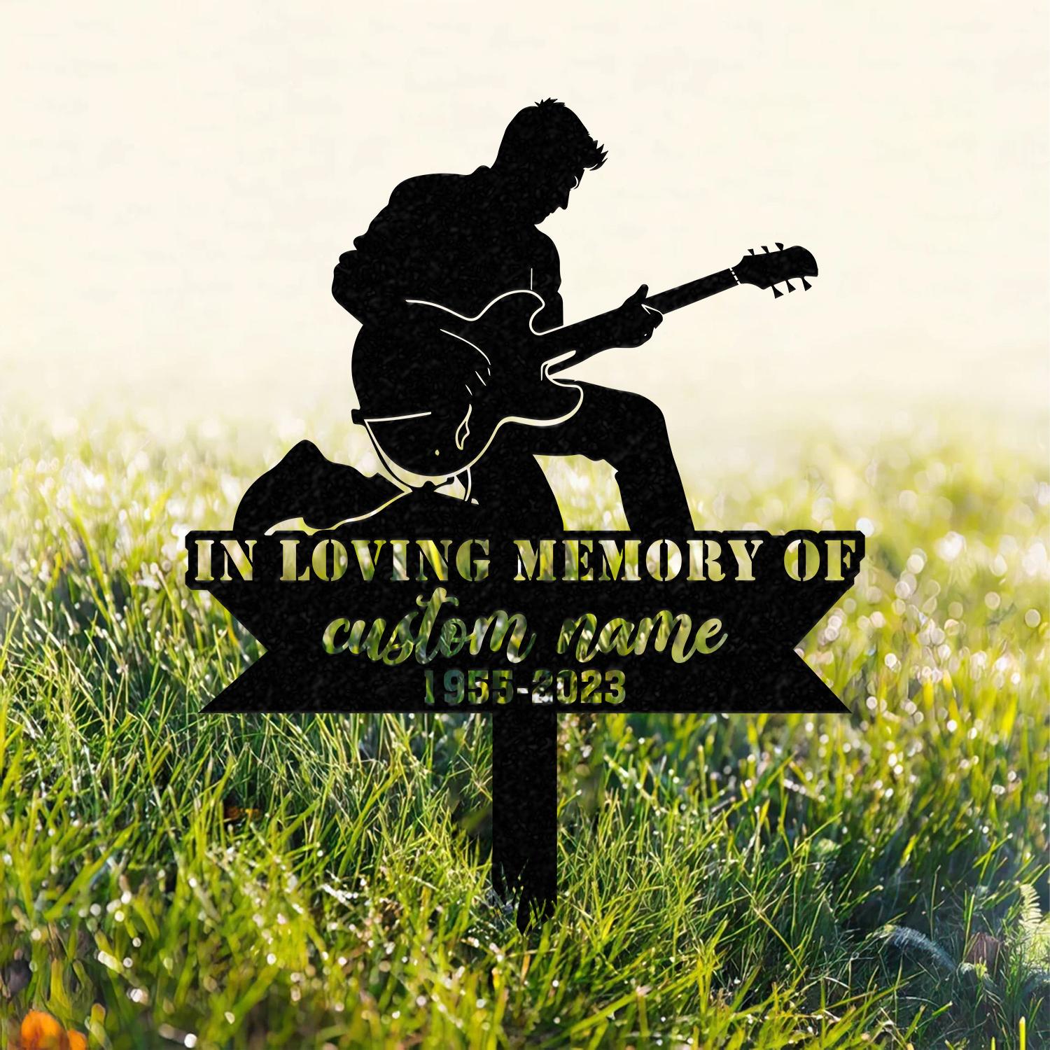 Custom Man Playing Guitar Guitarist Musician Memorial Stake, Memorial Plaque with Stake, Grave Marker, Metal Grave Stake, Cemetery Stake