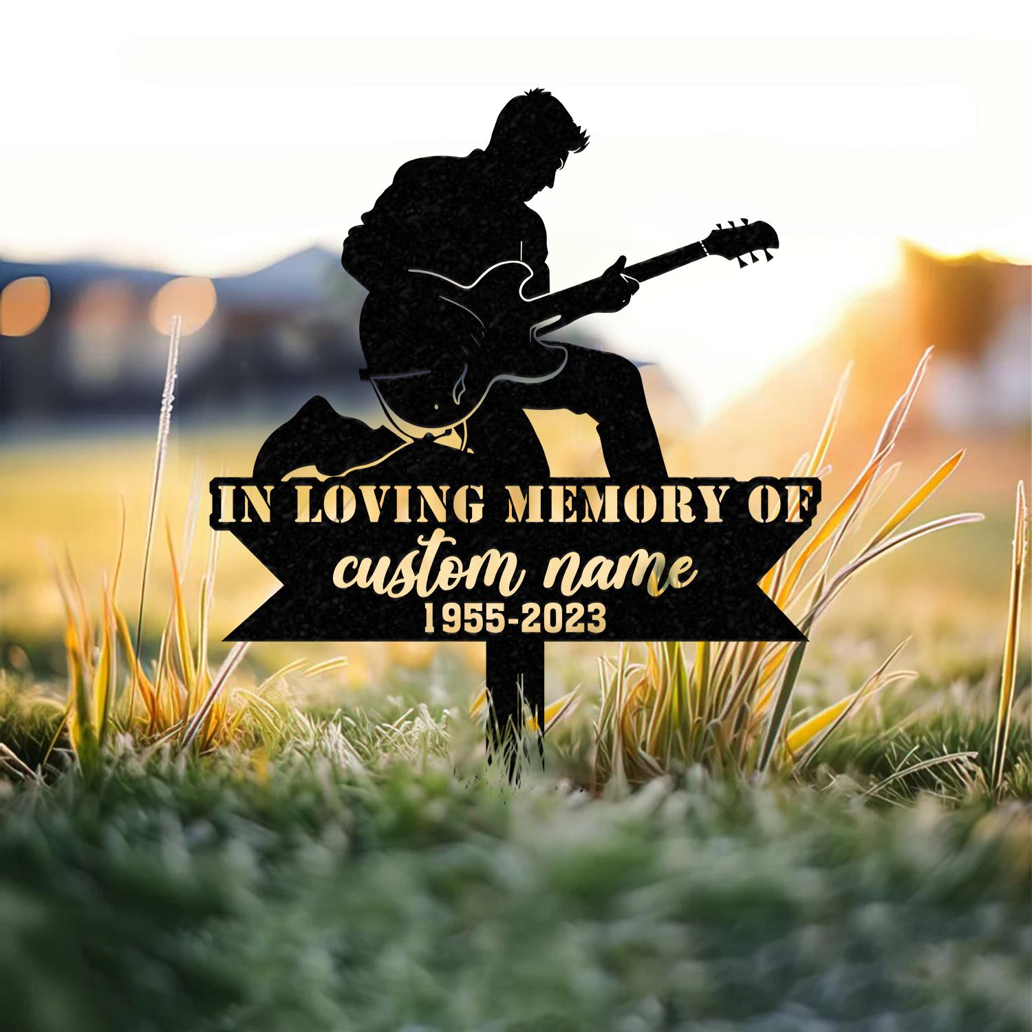 Custom Man Playing Guitar Guitarist Musician Memorial Stake, Memorial Plaque with Stake, Grave Marker, Metal Grave Stake, Cemetery Stake