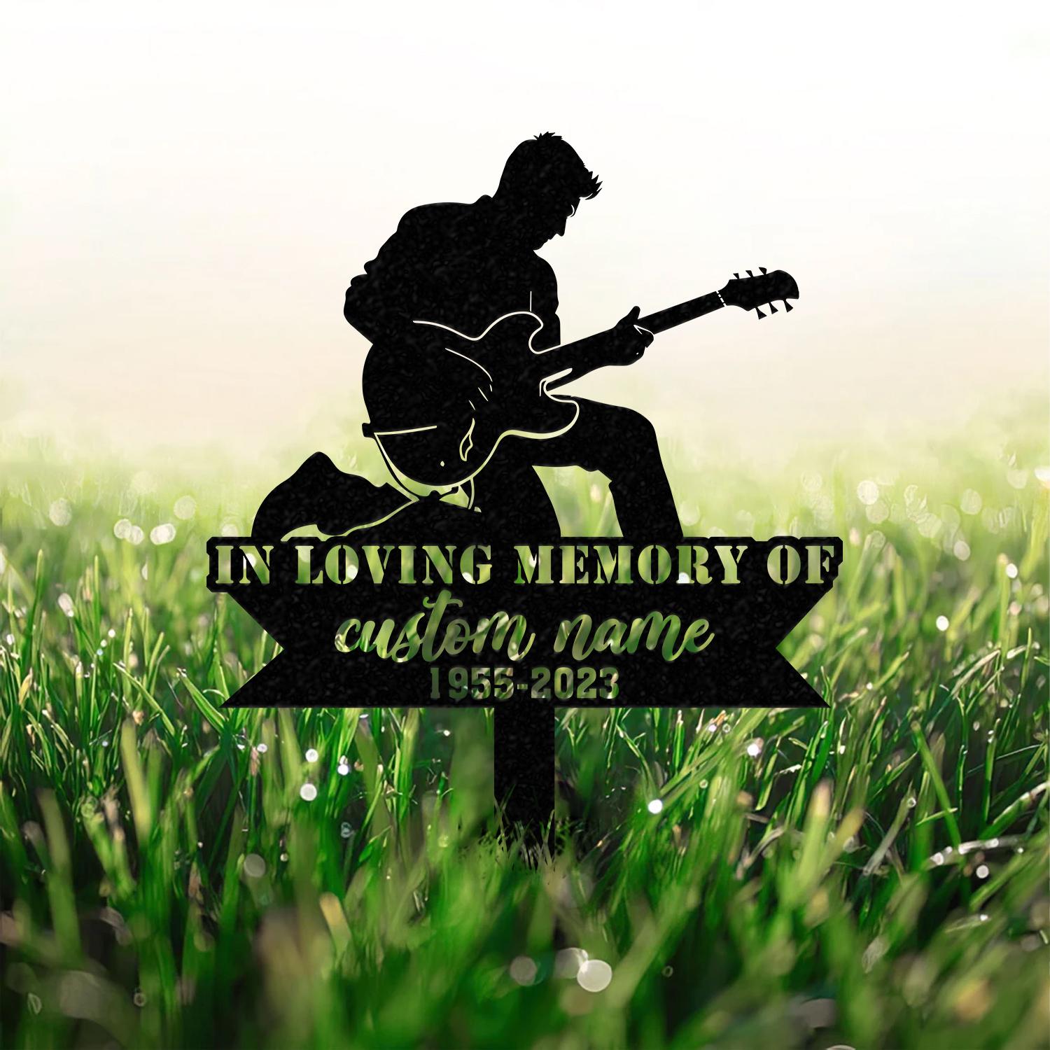 Custom Man Playing Guitar Guitarist Musician Memorial Stake, Memorial Plaque with Stake, Grave Marker, Metal Grave Stake, Cemetery Stake