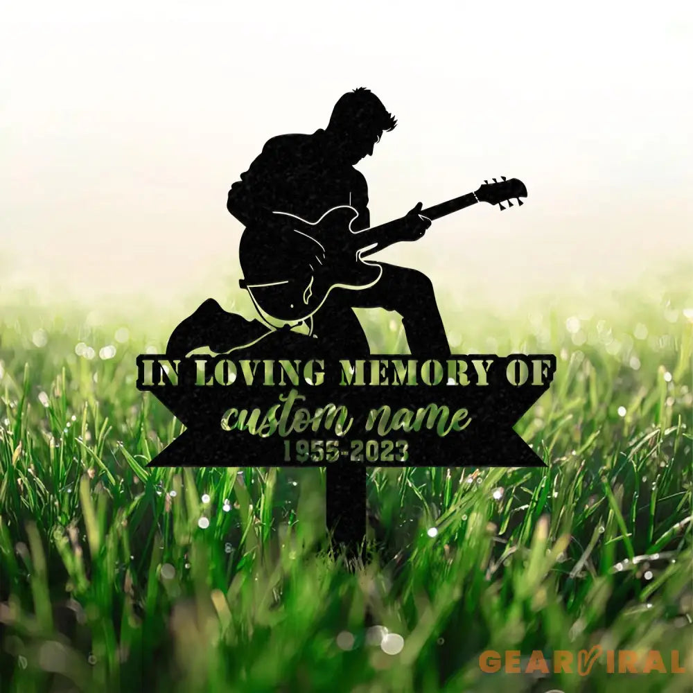 Custom Man Playing Guitar Guitarist Musician Memorial Stake Memorial Plaque with Stake Grave Marker Metal Grave Stake