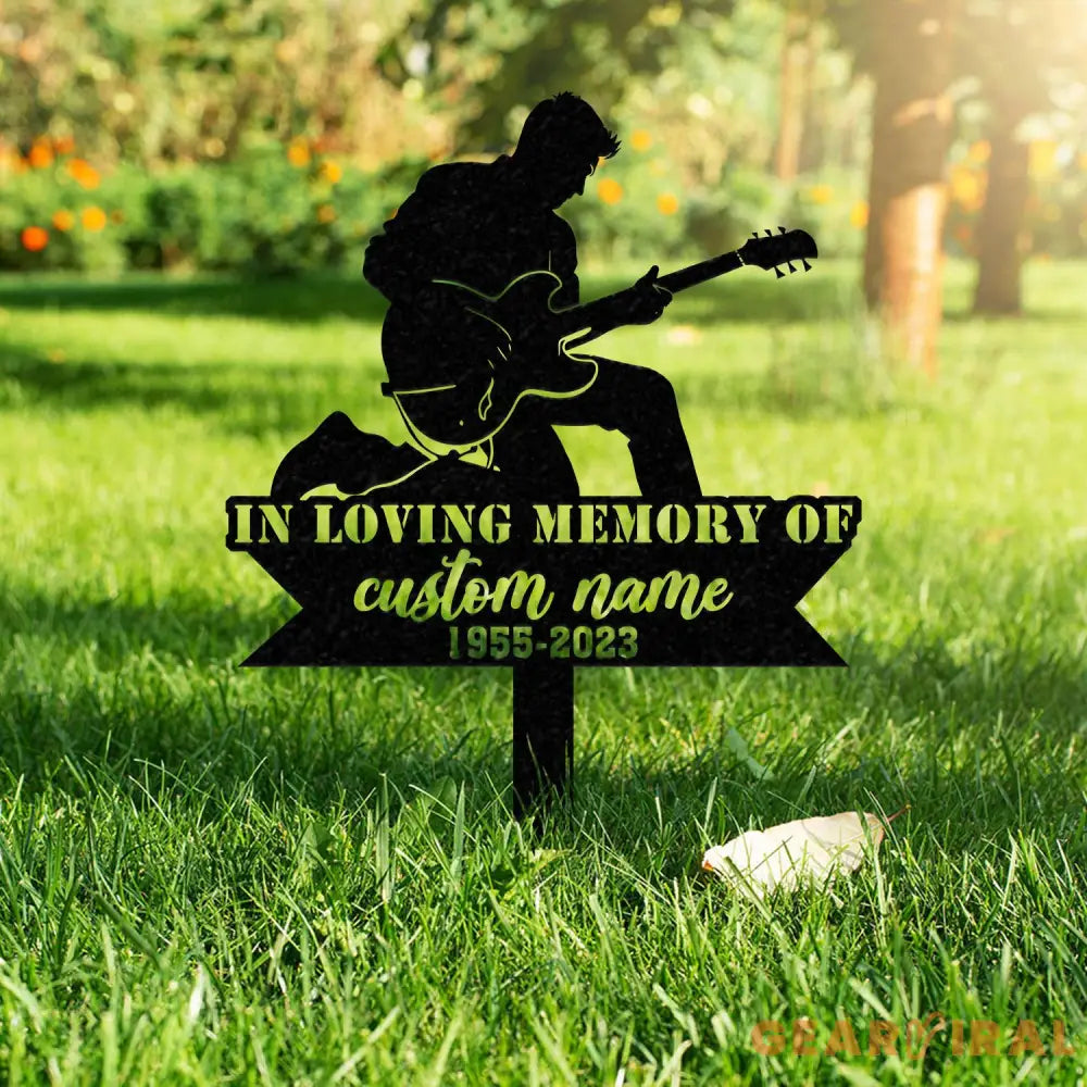 Custom Man Playing Guitar Guitarist Musician Memorial Stake Memorial Plaque with Stake Grave Marker Metal Grave Stake