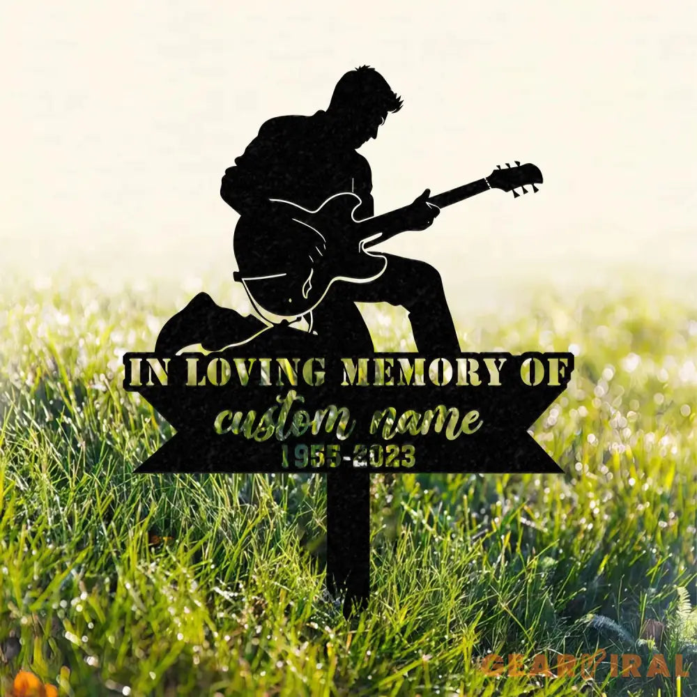 Custom Man Playing Guitar Guitarist Musician Memorial Stake Memorial Plaque with Stake Grave Marker Metal Grave Stake