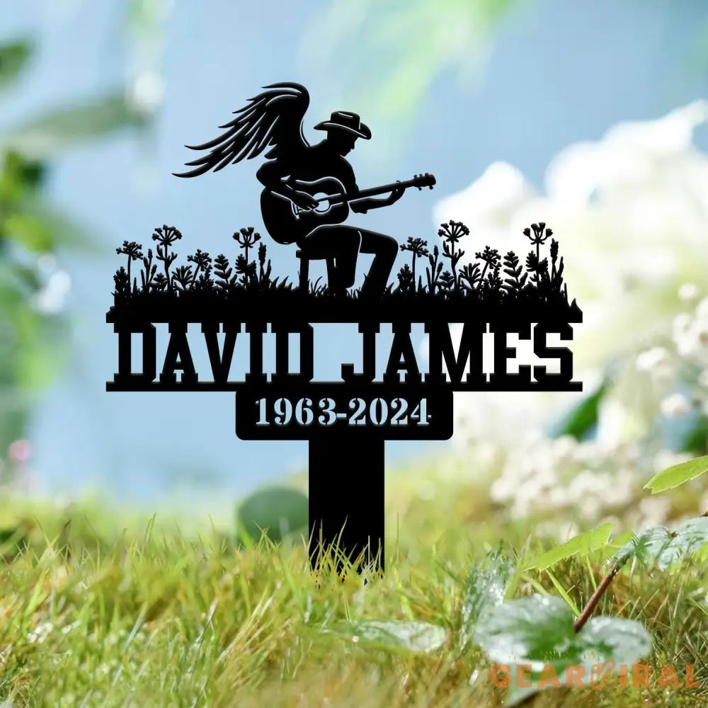 Custom Man Playing Guitar Memorial Stake Personalized Metal Guitarist Gravesite Marker Remembrance Stake Cemetery