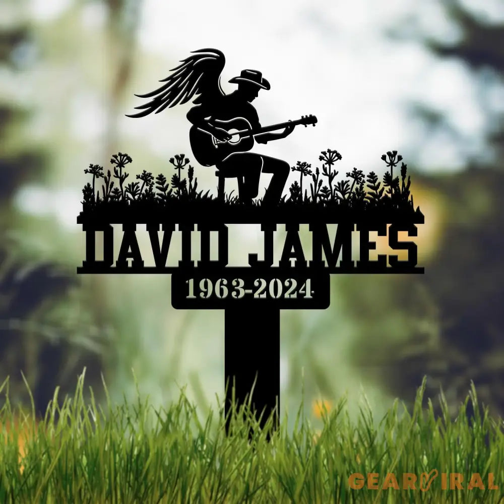 Custom Man Playing Guitar Memorial Stake Personalized Metal Guitarist Gravesite Marker Remembrance Stake Cemetery
