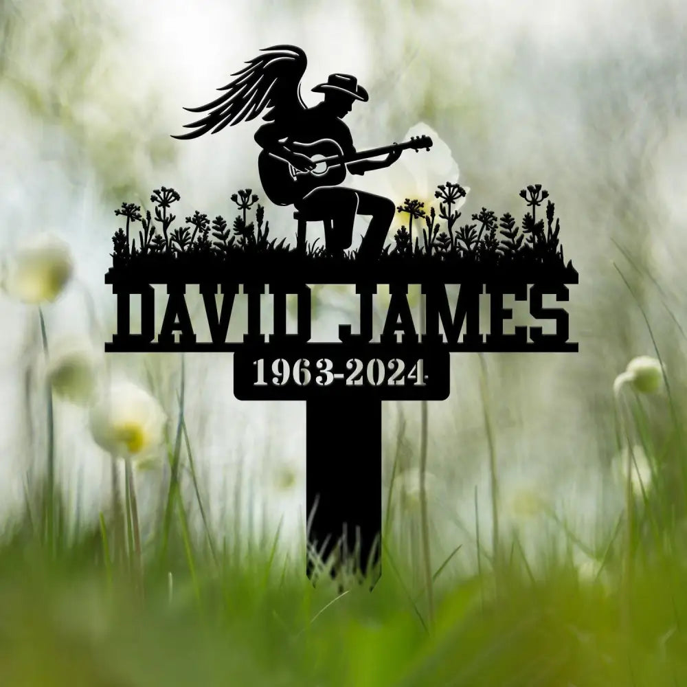 Custom Man Playing Guitar Memorial Stake Personalized Metal Guitarist Gravesite Marker Remembrance Stake Cemetery