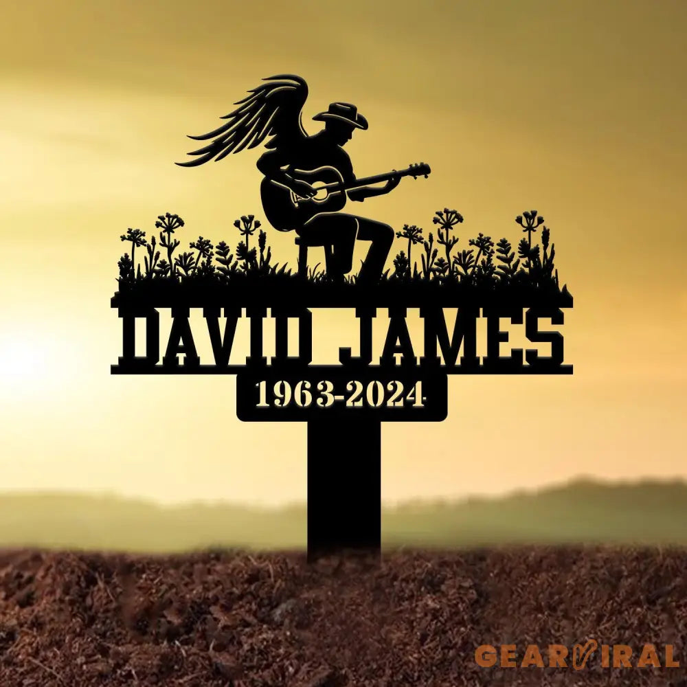 Custom Man Playing Guitar Memorial Stake Personalized Metal Guitarist Gravesite Marker Remembrance Stake Cemetery