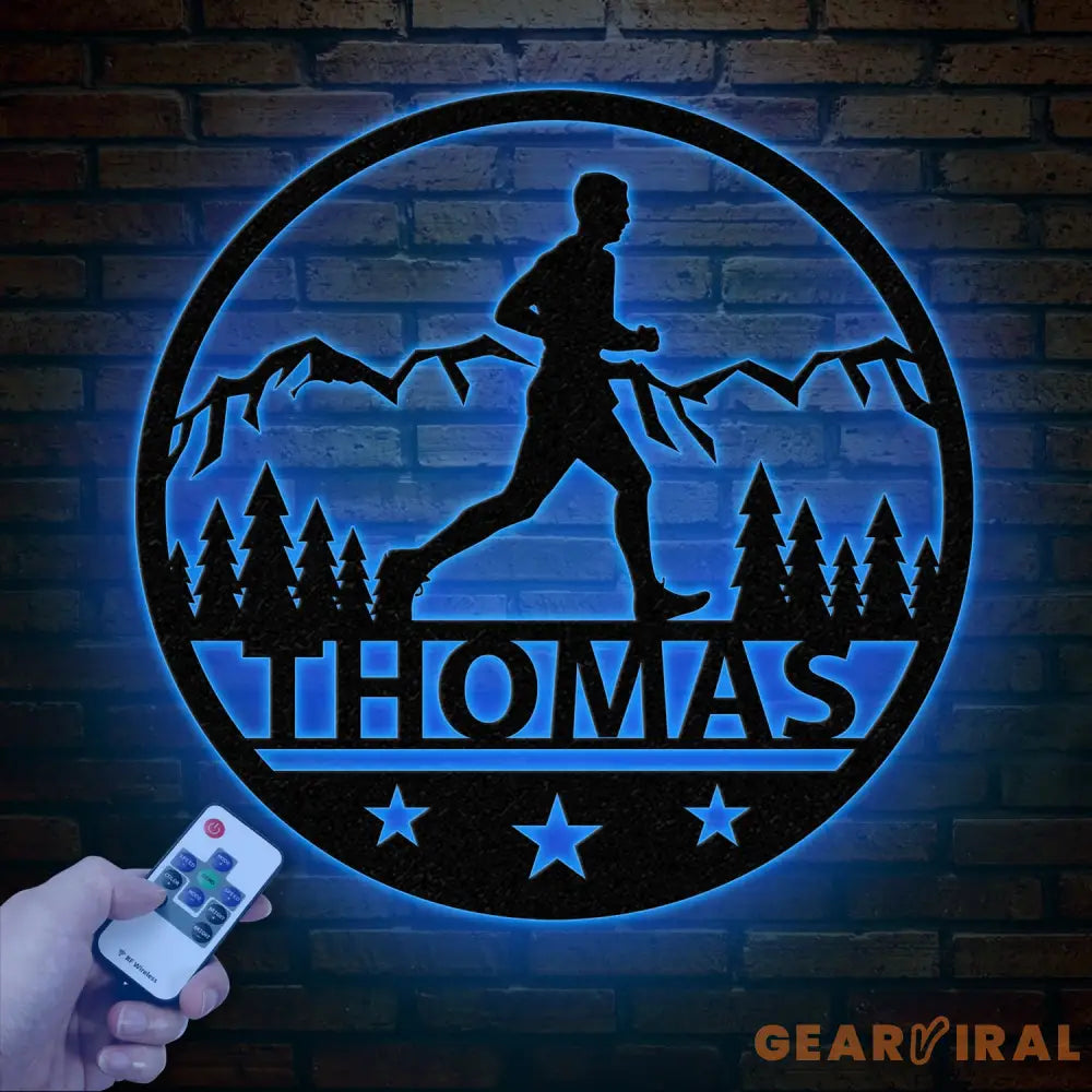 Custom Man Trail Running Metal Wall Art with LED Light - Personalized Runner Name Sign - Home Decor & Perfect Gift for
