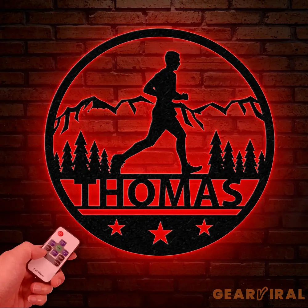 Custom Man Trail Running Metal Wall Art with LED Light - Personalized Runner Name Sign - Home Decor & Perfect Gift for