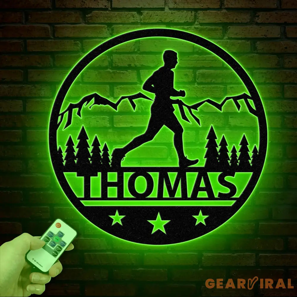 Custom Man Trail Running Metal Wall Art with LED Light - Personalized Runner Name Sign - Home Decor & Perfect Gift for