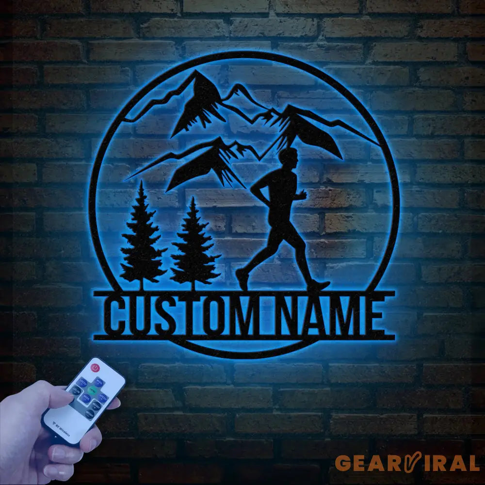 Custom Man Trail Running Metal Wall Art with LED Light - Personalized Runner Name Sign - Home Decor & Perfect Gift for
