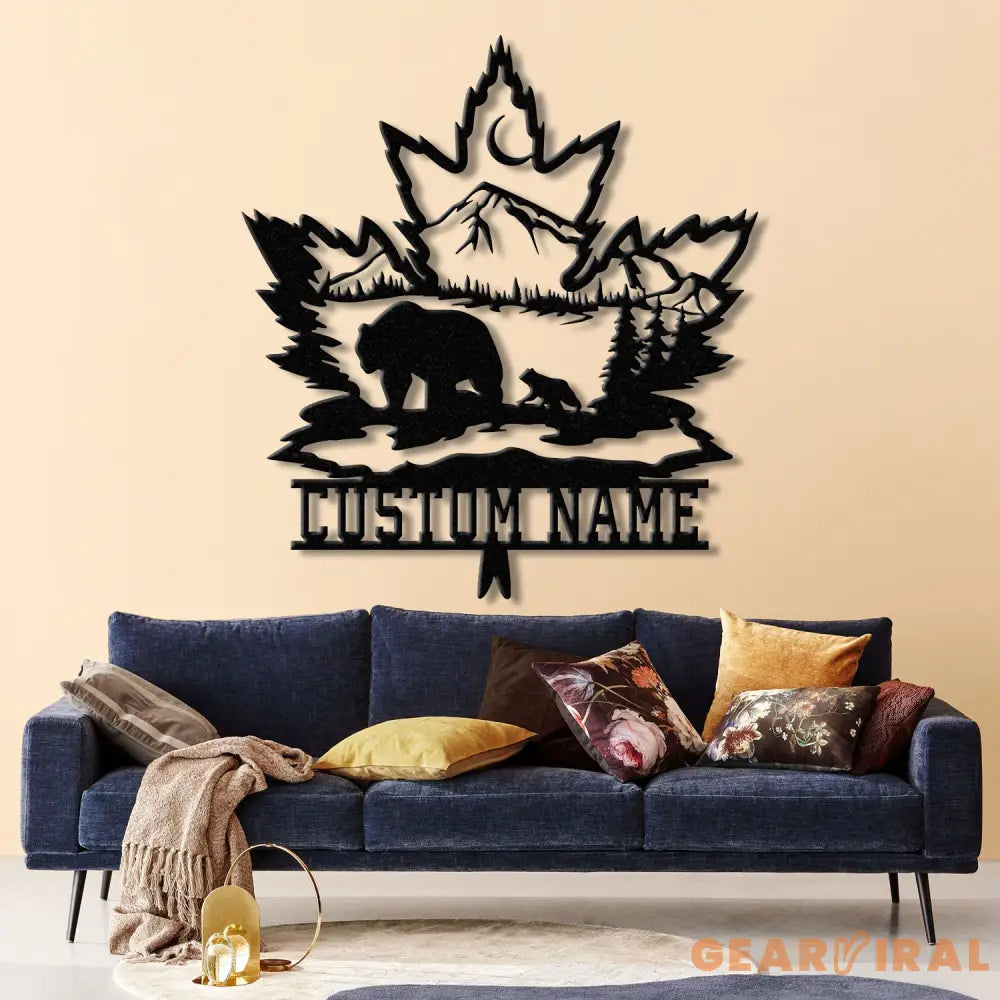 Custom Maple Leaf Metal Sign with Led Light Personalized Bear Cub Mountain Scene Metal Wall Art Custom Name Sign Cabin