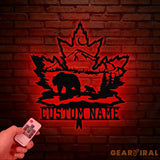 Custom Maple Leaf Metal Sign with Led Light Personalized Bear Cub Mountain Scene Metal Wall Art Custom Name Sign Cabin