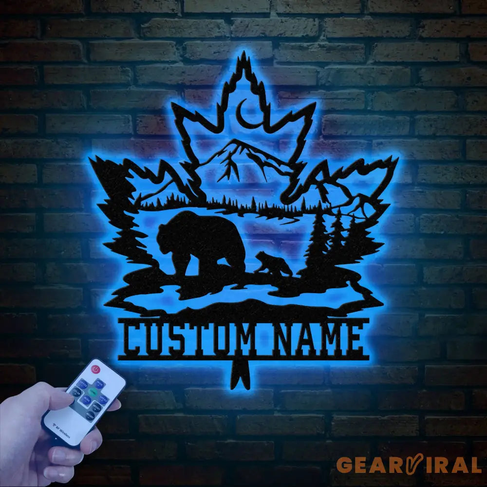 Custom Maple Leaf Metal Sign with Led Light Personalized Bear Cub Mountain Scene Metal Wall Art Custom Name Sign Cabin
