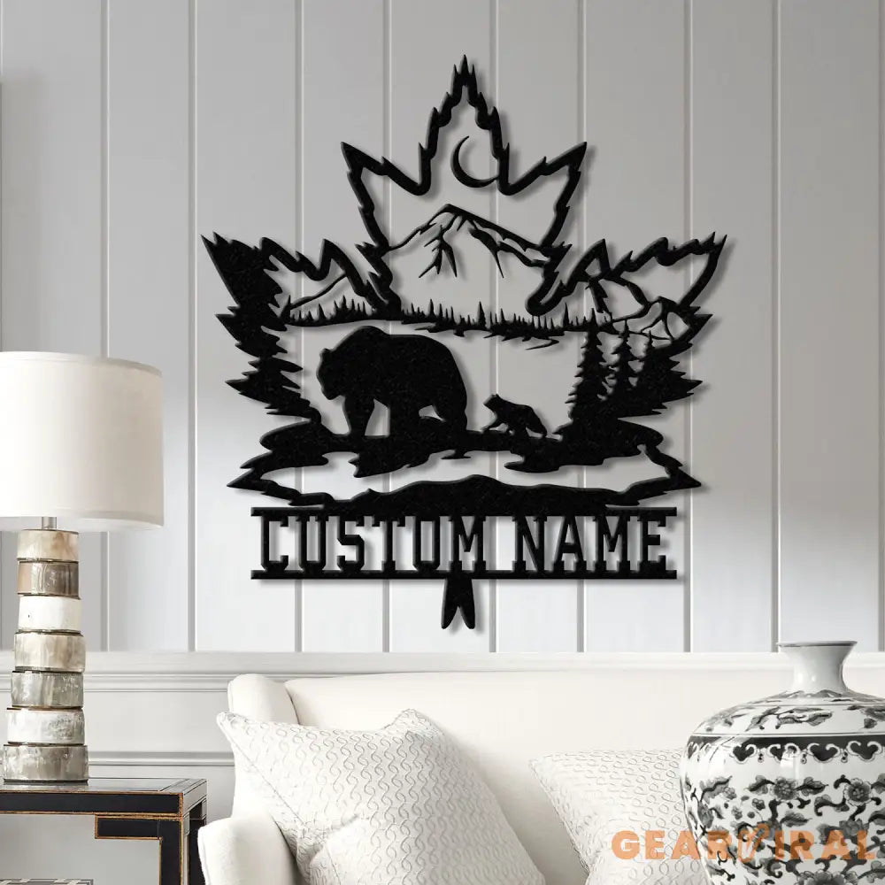 Custom Maple Leaf Metal Sign with Led Light Personalized Bear Cub Mountain Scene Metal Wall Art Custom Name Sign Cabin