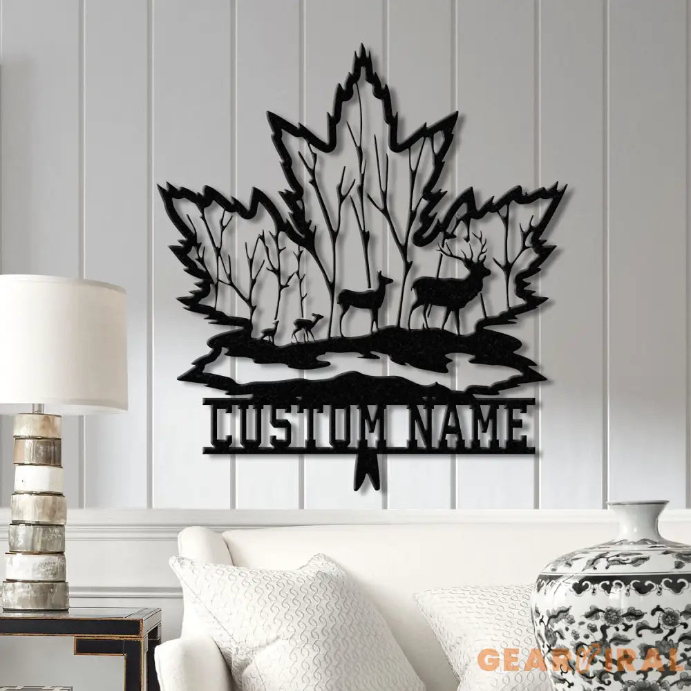 Custom Maple Leaf Metal Sign with Led Light Personalized Woodland Deer Metal Wall Art Custom Name Sign Cabin Sign Gift