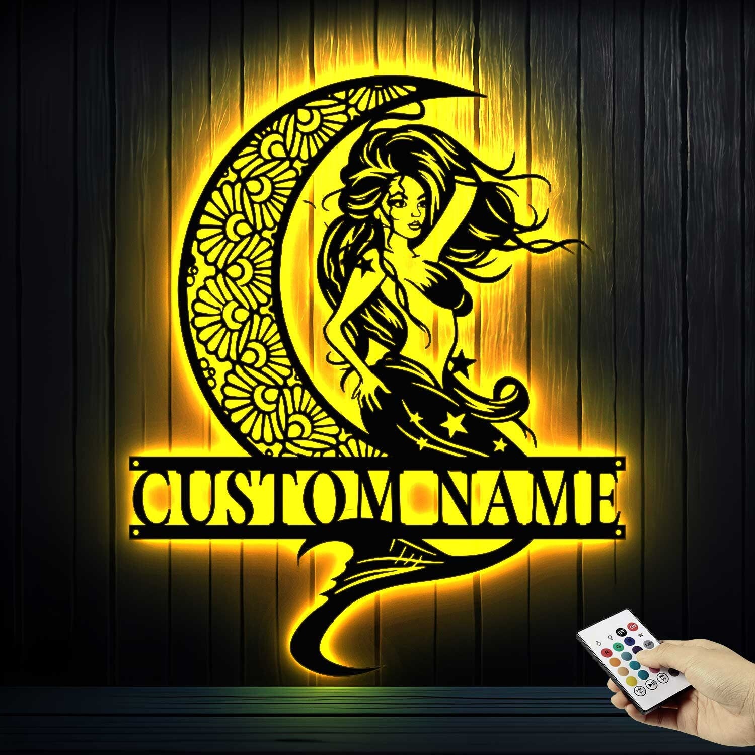 Custom Mermaid On The Moon Metal Wall Art LED Light - Personalized Mermaid Tail Name Sign Home Decor - Mermaid Home Decor & Gift - Mermaid Sign | GearViral
