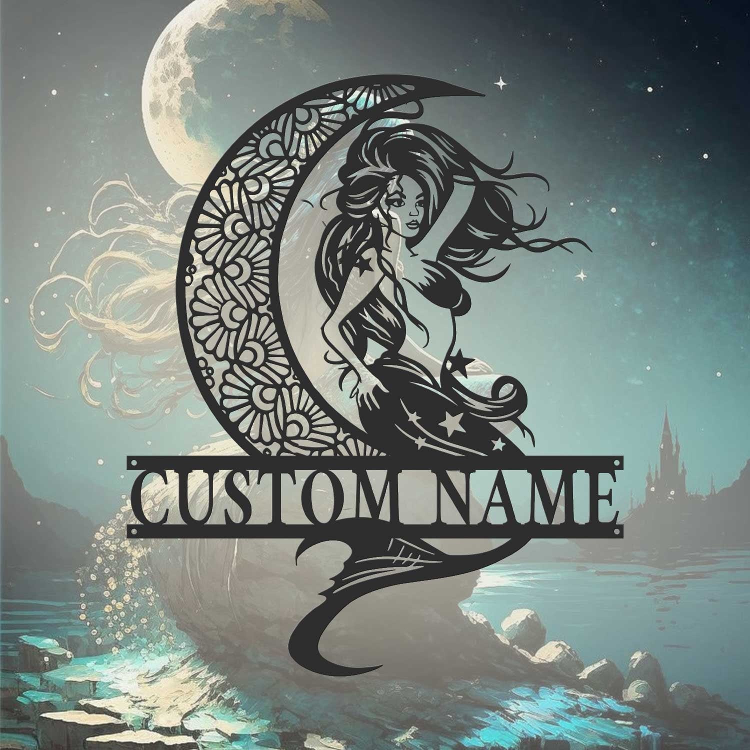 Custom Mermaid On The Moon Metal Wall Art LED Light - Personalized Mermaid Tail Name Sign Home Decor - Mermaid Home Decor & Gift - Mermaid Sign | GearViral
