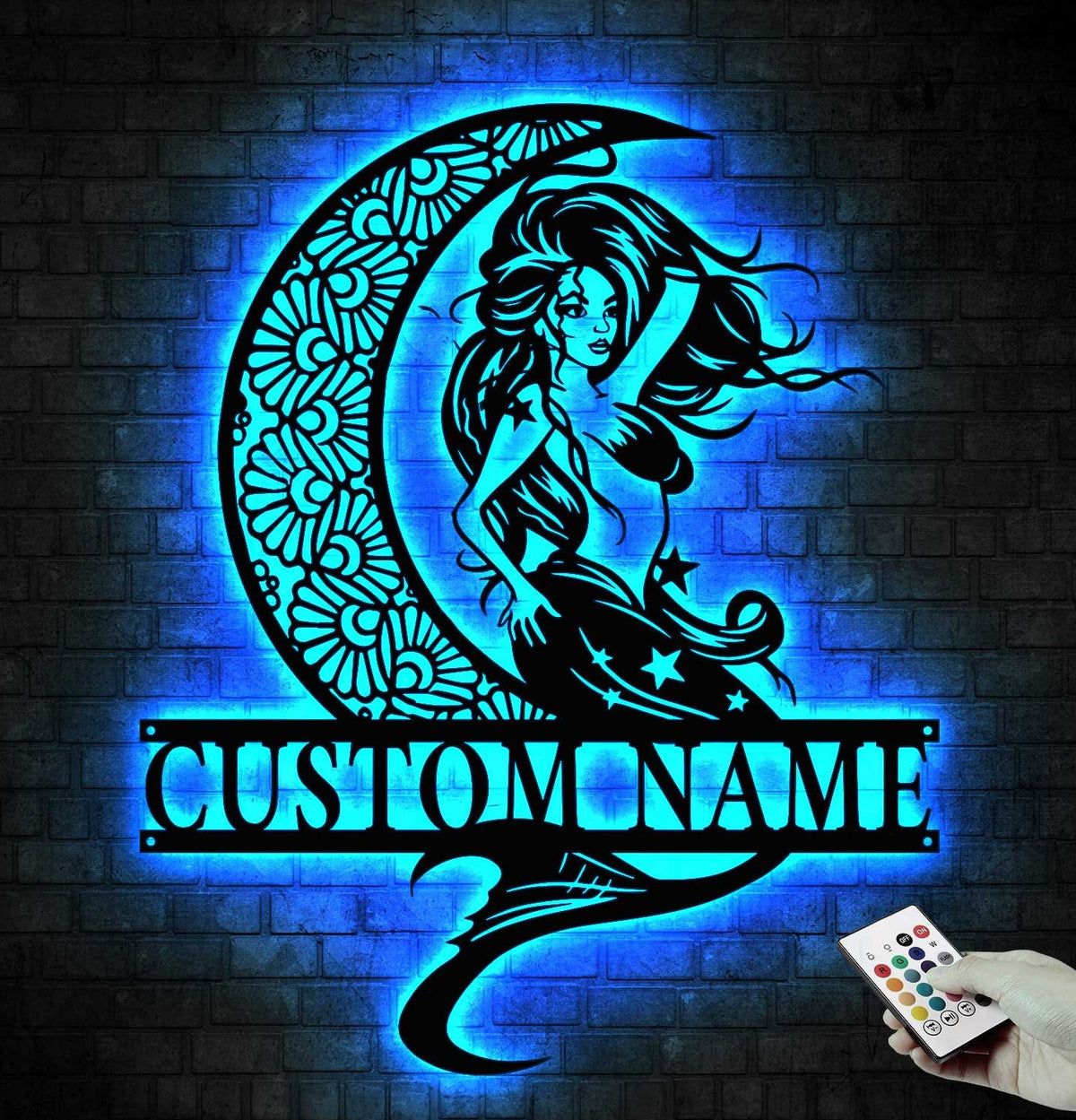 Custom Mermaid On The Moon Metal Wall Art LED Light - Personalized Mermaid Tail Name Sign Home Decor - Mermaid Home Decor & Gift - Mermaid Sign | GearViral