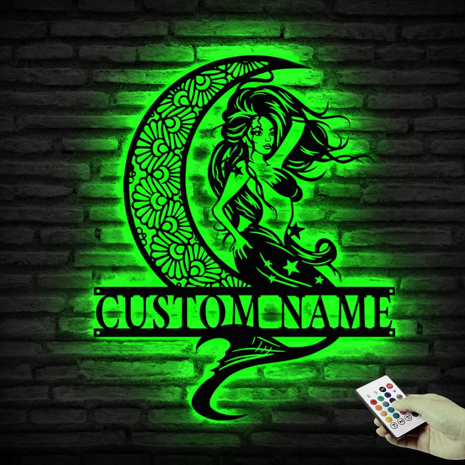 Custom Mermaid On The Moon Metal Wall Art LED Light - Personalized Mermaid Tail Name Sign Home Decor - Mermaid Home Decor & Gift - Mermaid Sign | GearViral