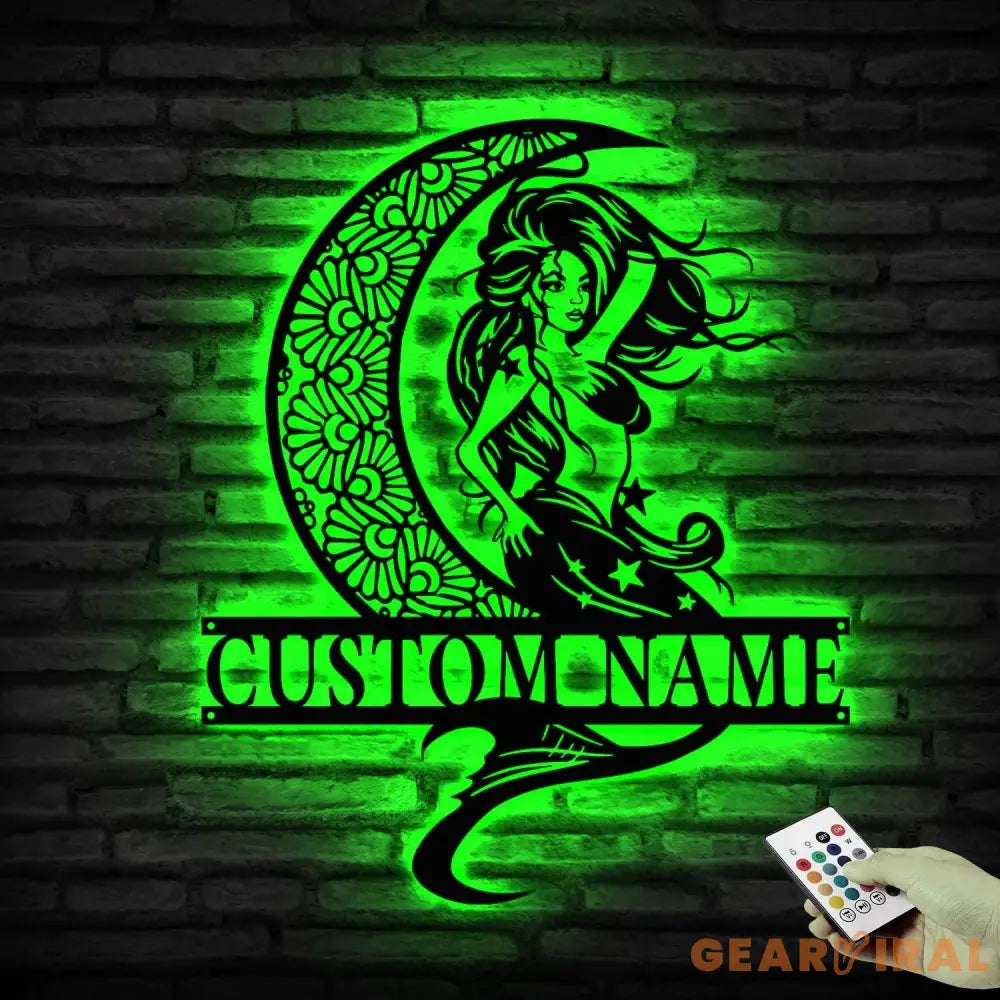 Custom Mermaid On The Moon Metal Wall Art LED Light - Personalized Mermaid Tail Name Sign Home Decor - Mermaid Home