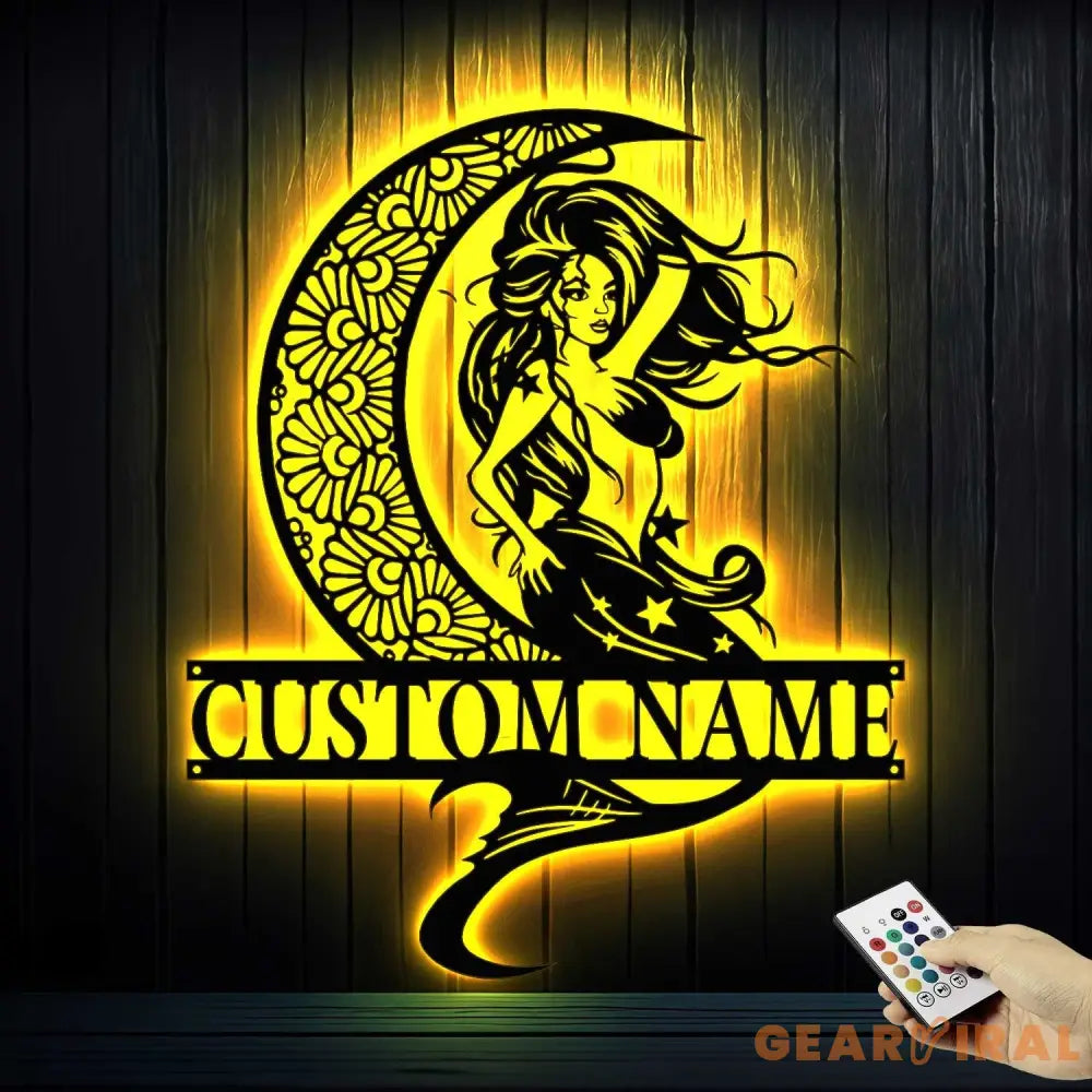 Custom Mermaid On The Moon Metal Wall Art LED Light - Personalized Mermaid Tail Name Sign Home Decor - Mermaid Home