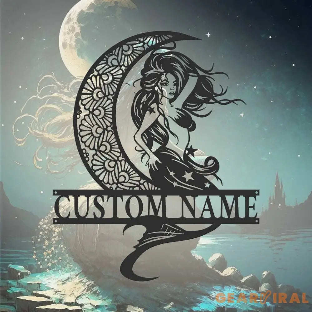 Custom Mermaid On The Moon Metal Wall Art LED Light - Personalized Mermaid Tail Name Sign Home Decor - Mermaid Home