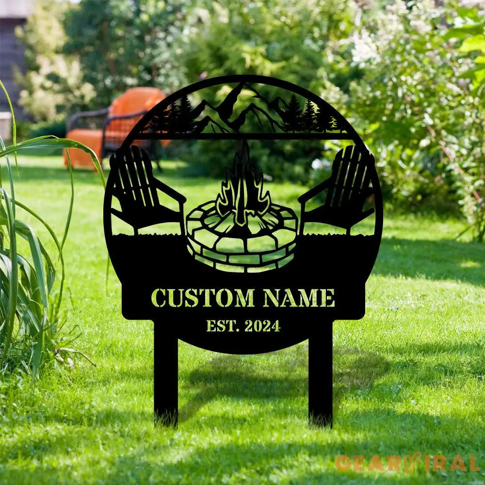 Custom Metal Campfire Sign with Stakes - Personalized Cabin Sign Camp Decor Outdoor Life Lovers Gift Camp Name Sign
