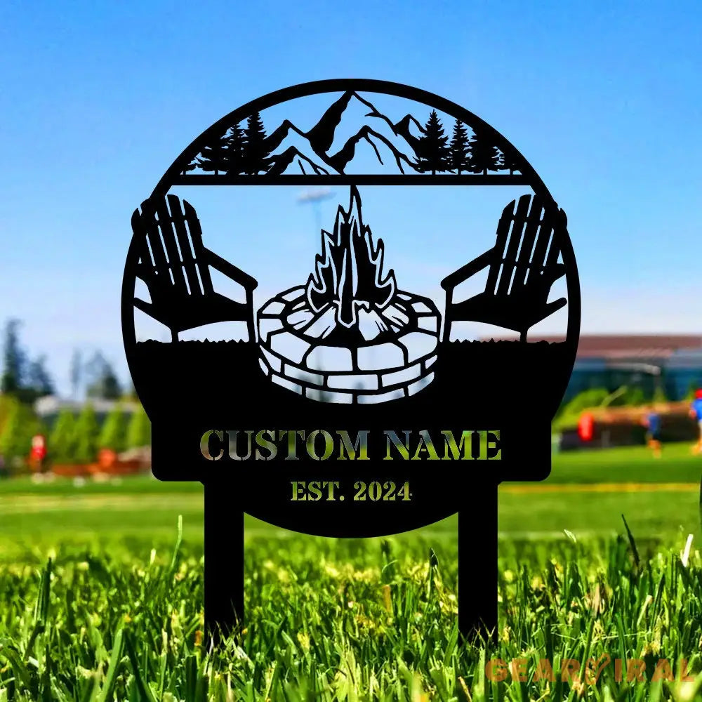 Custom Metal Campfire Sign with Stakes - Personalized Cabin Sign Camp Decor Outdoor Life Lovers Gift Camp Name Sign